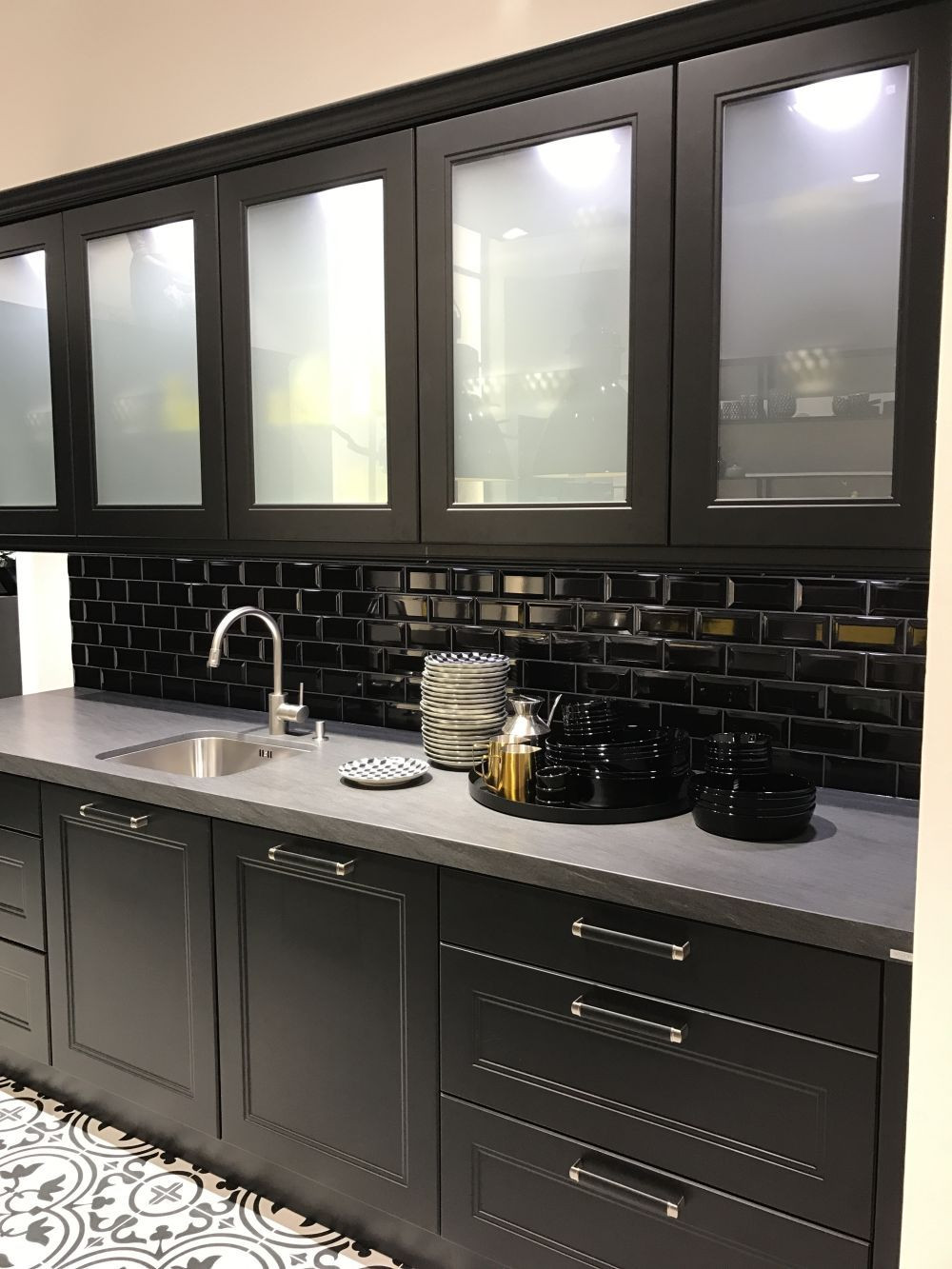 White Kitchen Cabinet Glass Doors
 Black kitchen cabinets with subway tiles and white frosted
