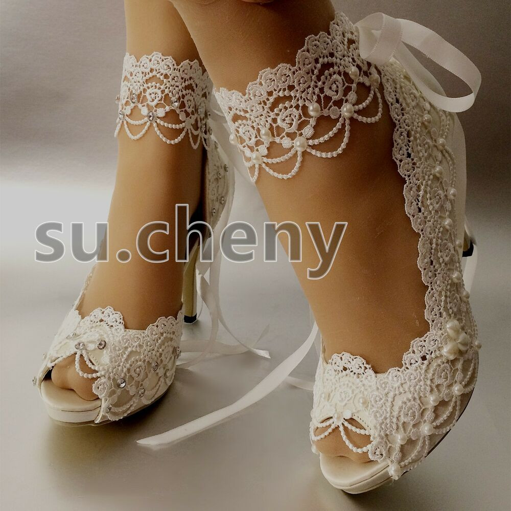 White Lace Shoes Wedding
 3" 4” heel white ivory satin lace ribbon open toe Wedding