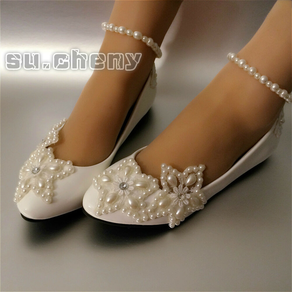 White Lace Shoes Wedding
 White lace Wedding shoes pearls ankle trap Bridal flats