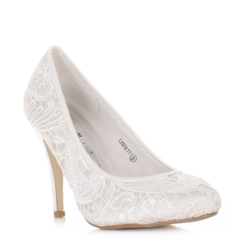 White Lace Shoes Wedding
 WOMENS LADIES LACE OVERLAY SATIN OFF WHITE PALE WEDDING
