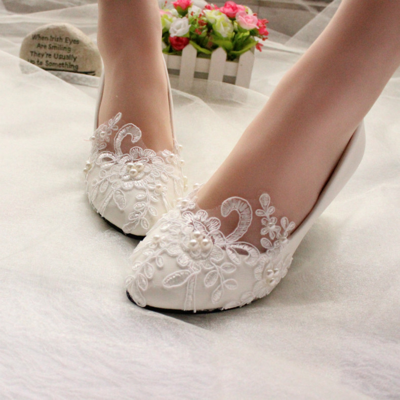 White Lace Shoes Wedding
 Lace white ivory crystal Wedding shoes Bridal flats low