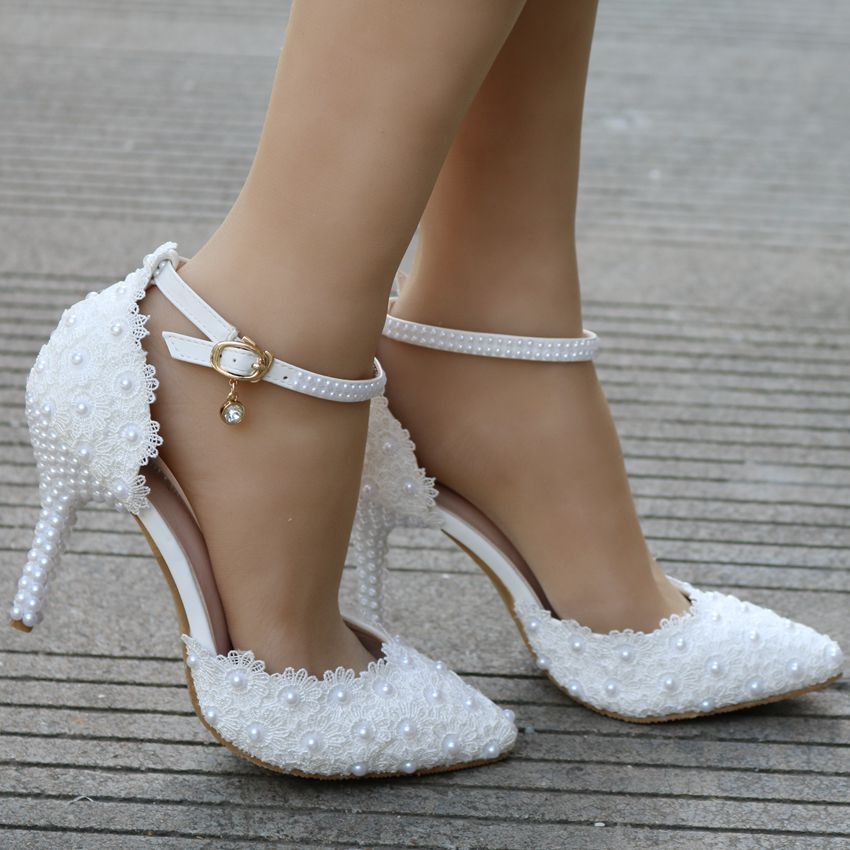 White Lace Shoes Wedding
 White lace wedding shoes Elegant heels thin heels pointed