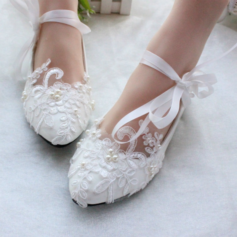 White Lace Shoes Wedding
 Free shipping women white ivory lace pearls wedding shoes