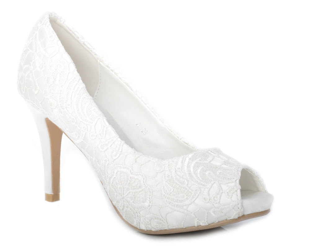 White Lace Shoes Wedding
 Satin White Lace Wedding Heel Bridal Peeptoe Shoes UK 3 4