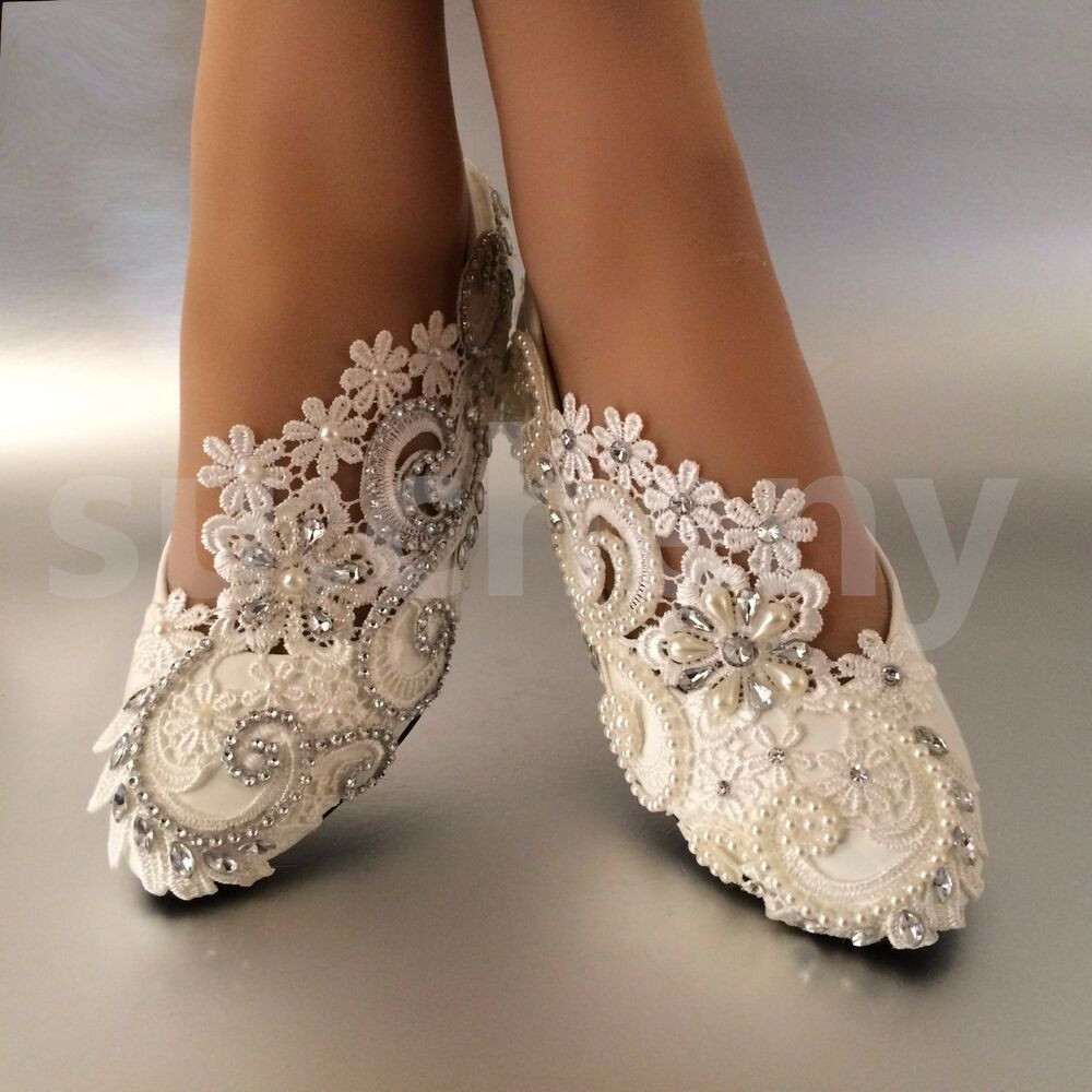 White Lace Shoes Wedding
 White ivory pearls lace crystal Wedding shoes flat
