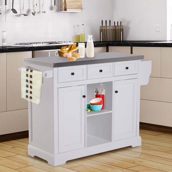 White Rolling Kitchen Island
 HOM 51" L Wood Stainless Steel Portable Rolling Kitchen