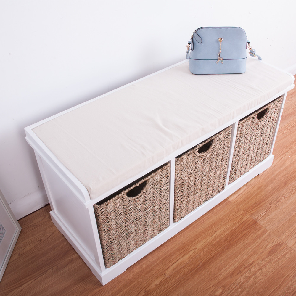 White Storage Bench With Drawers
 Hallway White wooden Storage Bench With 3 Sea Grass Basket