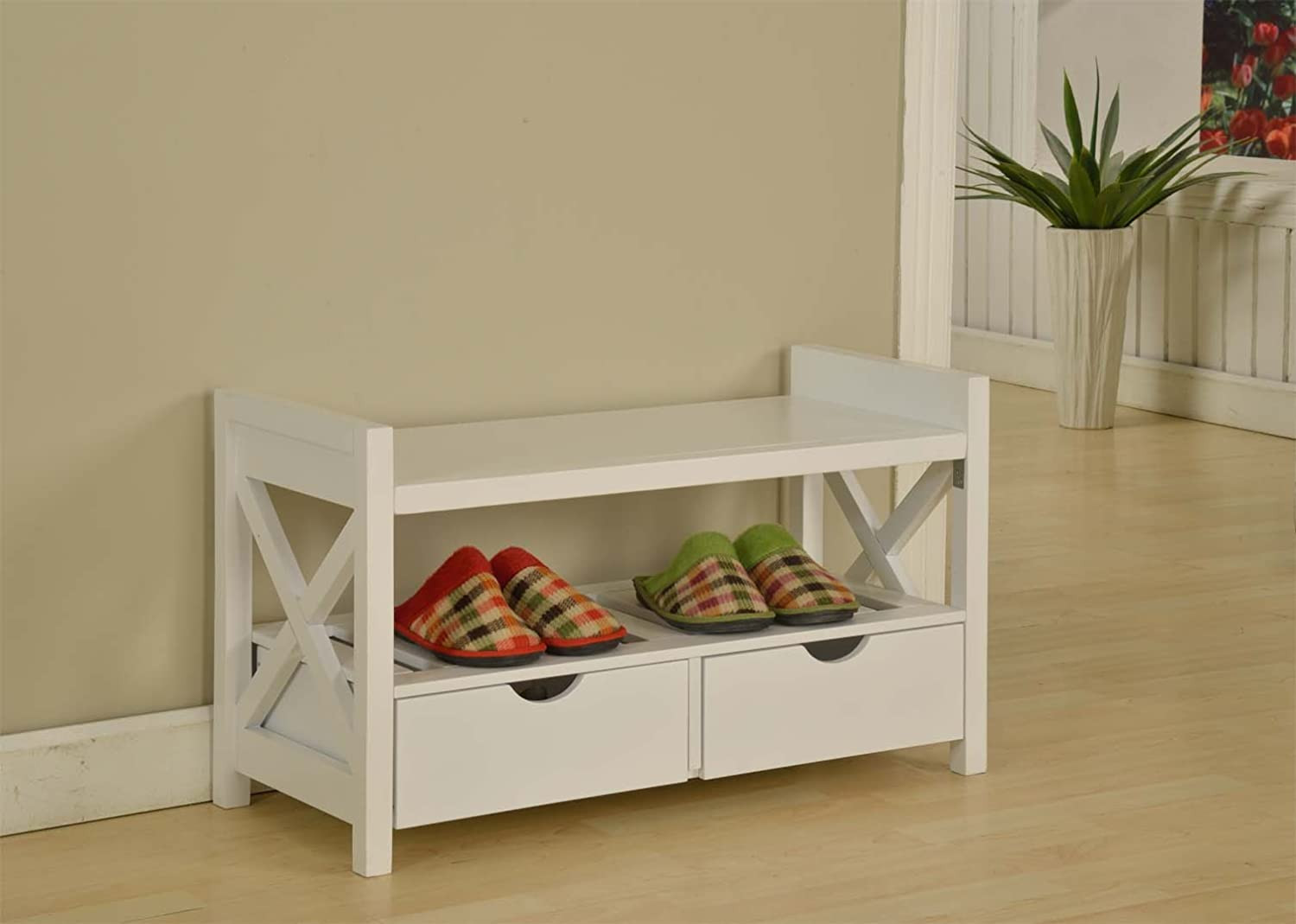 White Storage Bench With Drawers
 Kings Brand White Finish Wood Shoe Storage Bench With