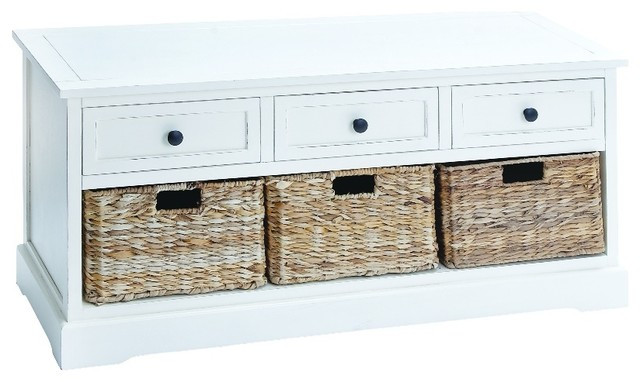 White Storage Bench With Drawers
 Harrison Bench With Drawers and Baskets White Farmhouse