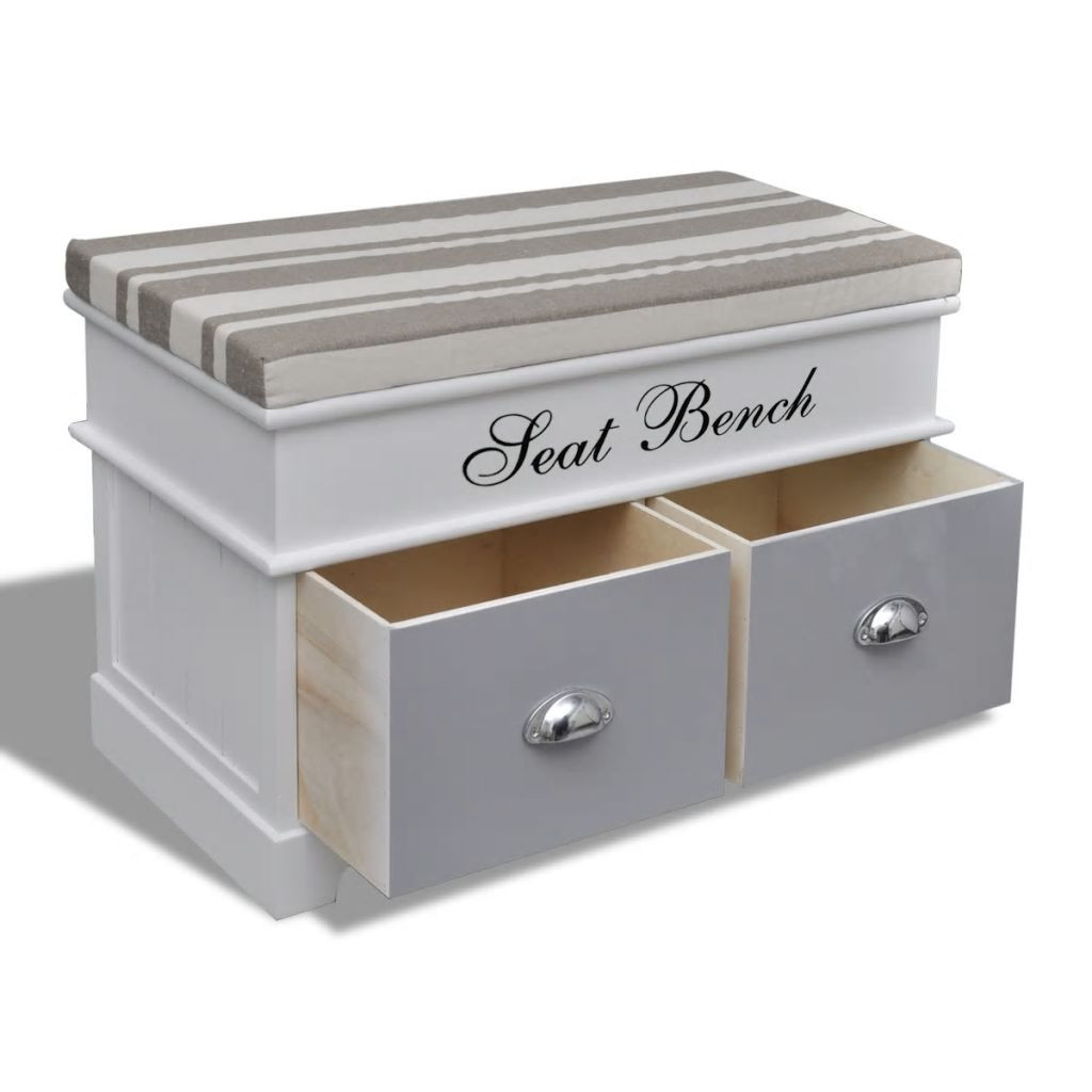 White Storage Bench With Drawers
 White Storage & Entryway Bench with Grey Cushion Top 2