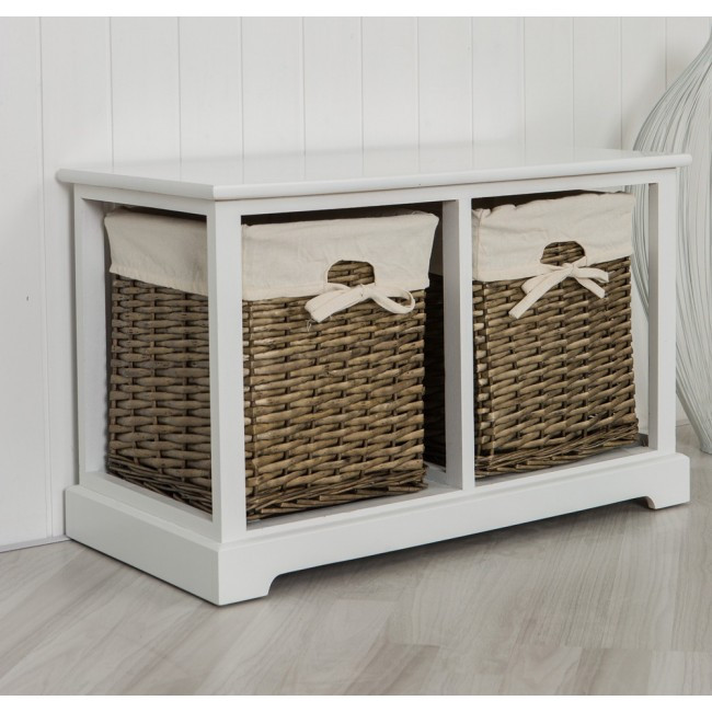 White Storage Bench With Drawers
 Two Drawer White Storage Bench With Natural Wicker Baskets