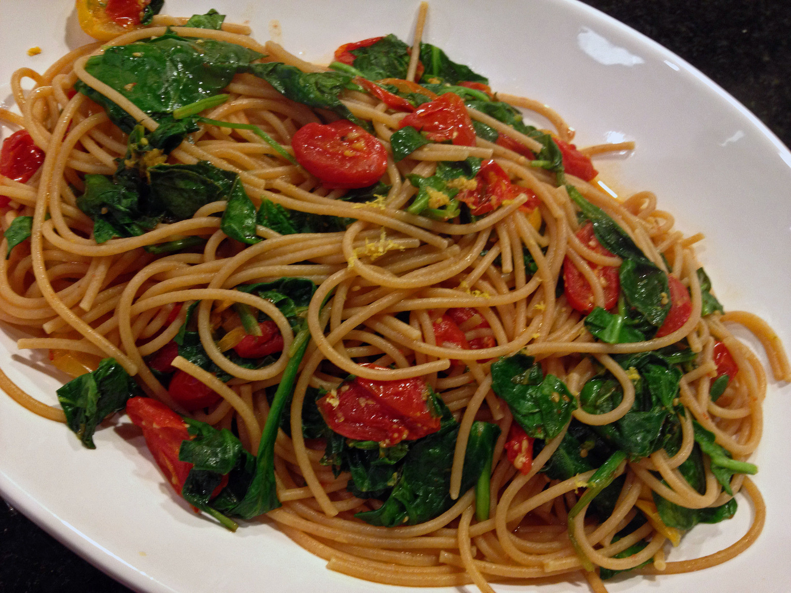 Whole Grain Spaghetti
 WHOLE WHEAT PASTA WITH LEMONY TOMATOES AND SPINACH