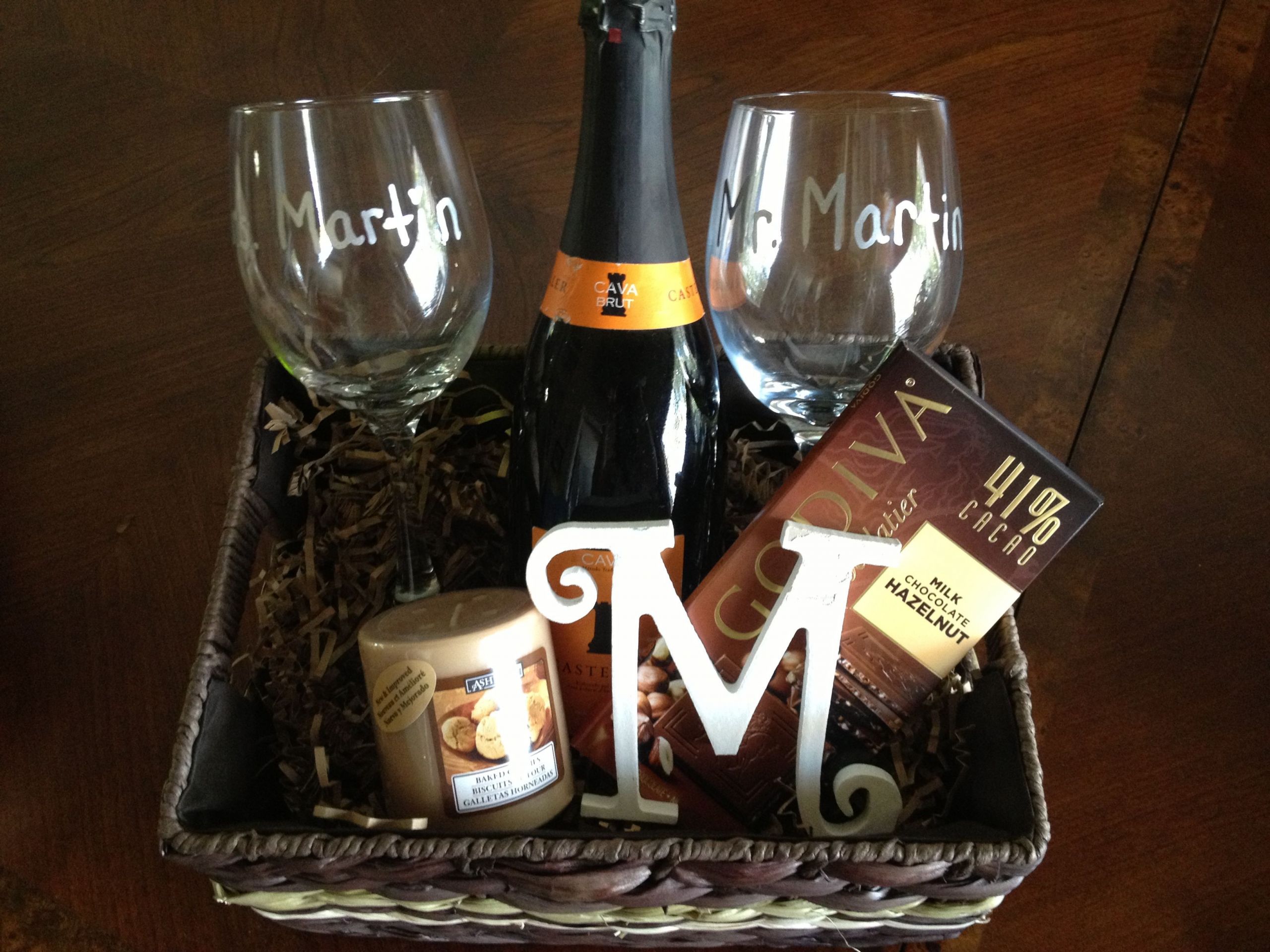 Wine Glass Gift Basket Ideas
 Personalized wine basket for a bridal shower t Mr