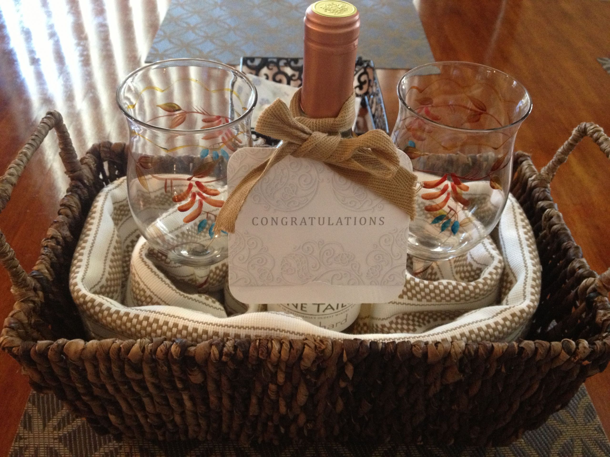 Wine Glass Gift Basket Ideas
 DIY house warming t wicker basket kitchen towels 2