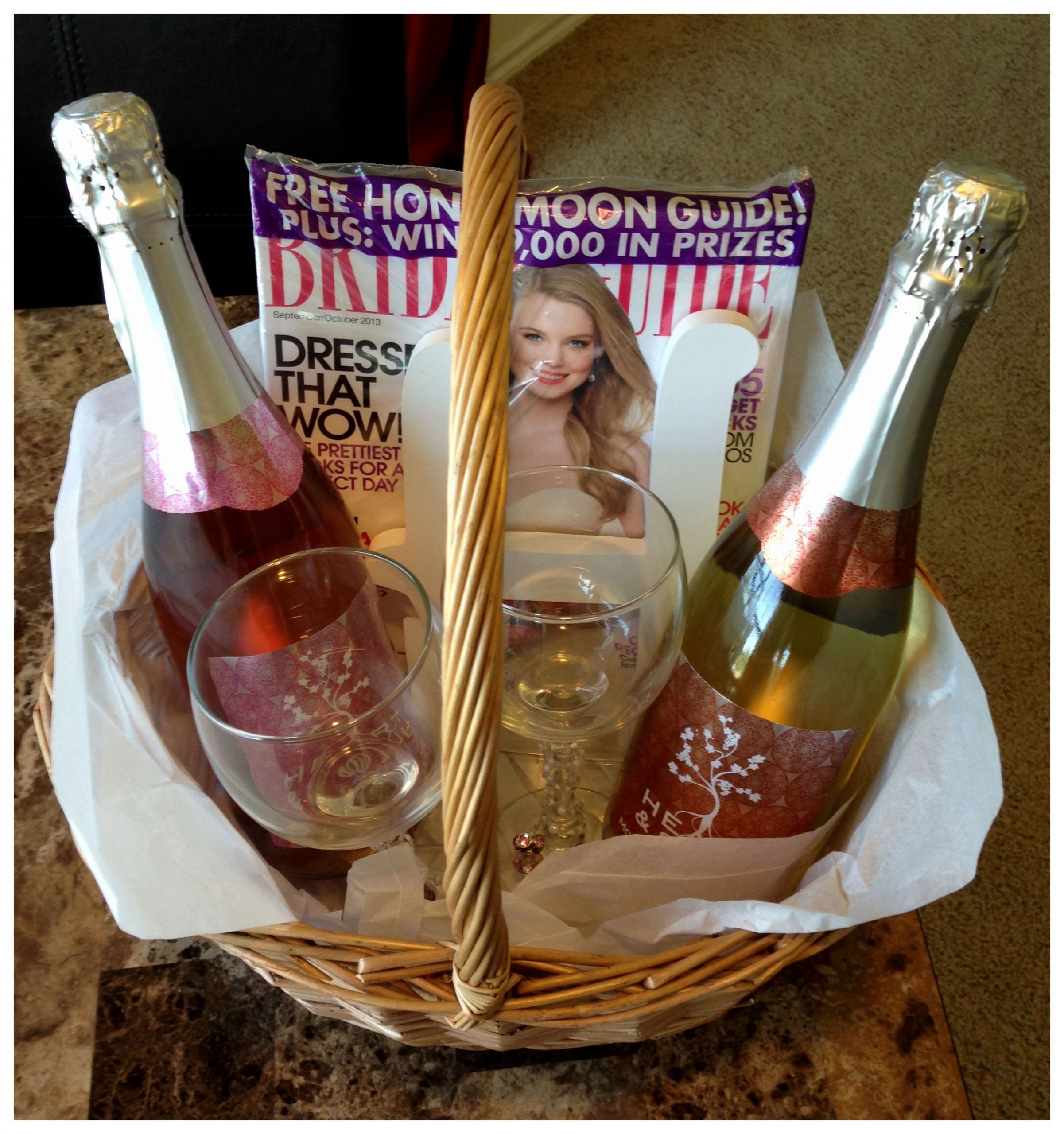 Wine Glass Gift Basket Ideas
 Engagement party t basket with sparkling wine