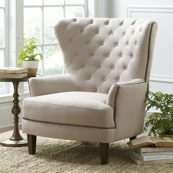 Wing Chairs For Living Room
 ARM CHAIR HIGH BACK WING BACK LINEN TUFTED NAIL HEAD