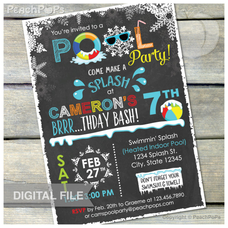 Winter Pool Party Ideas
 Winter Pool Birthday Party Chalkboard Invitation Snow Indoor
