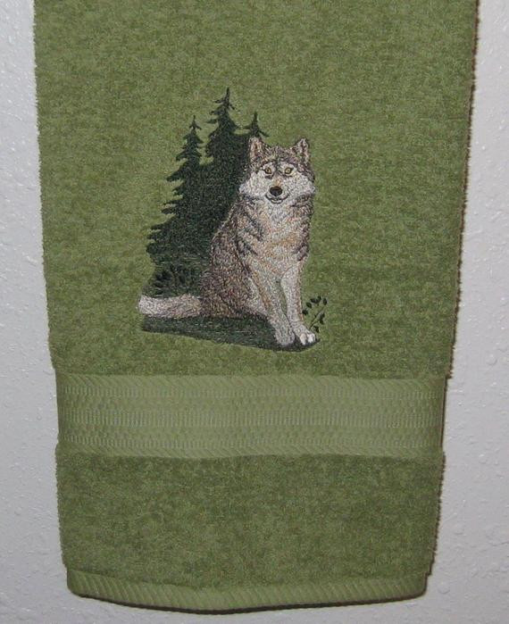 Wolf Bathroom Decor
 Embroidered WOLF BATH Towel Wolf Home Decor by