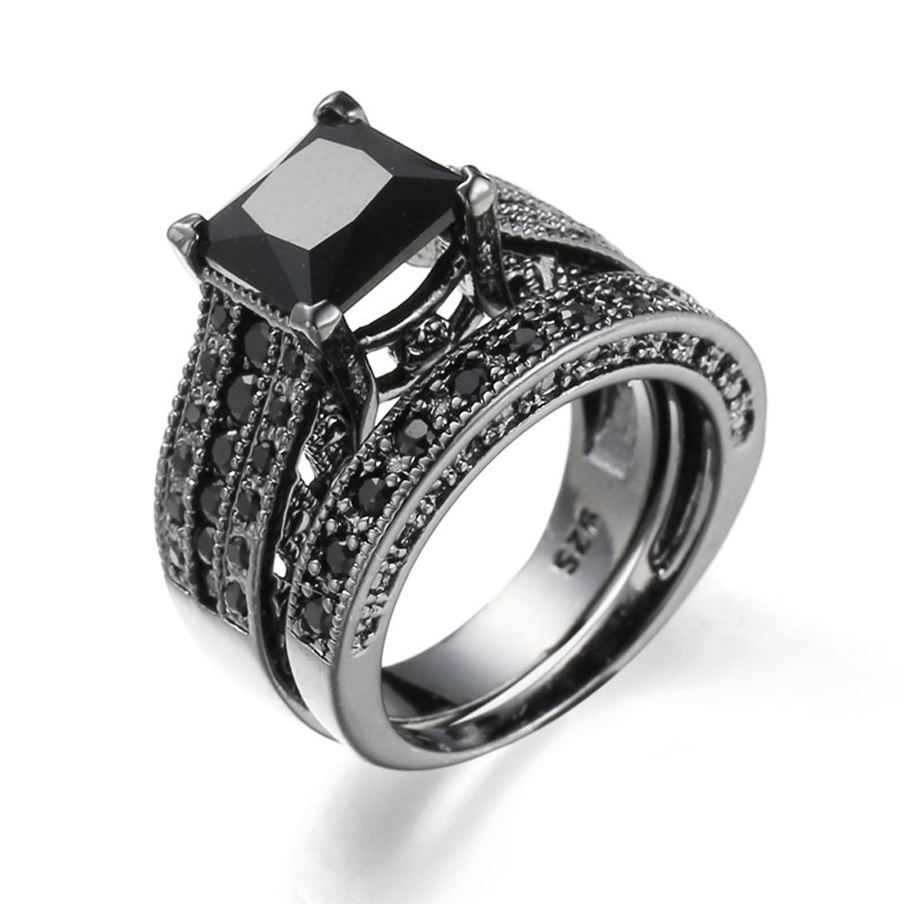 Womens Black Wedding Rings
 2 in 1 Womens Vintage Black Silver Engagement Wedding Band