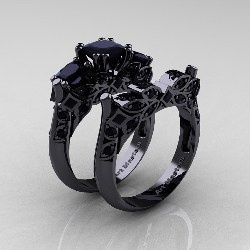 Womens Black Wedding Rings
 Designer Classic 14K Black Gold Three Stone Princess Black