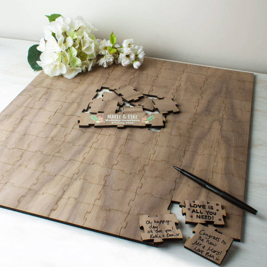 Wooden Wedding Puzzle Guest Book
 personalised wooden wedding guest puzzle square by create