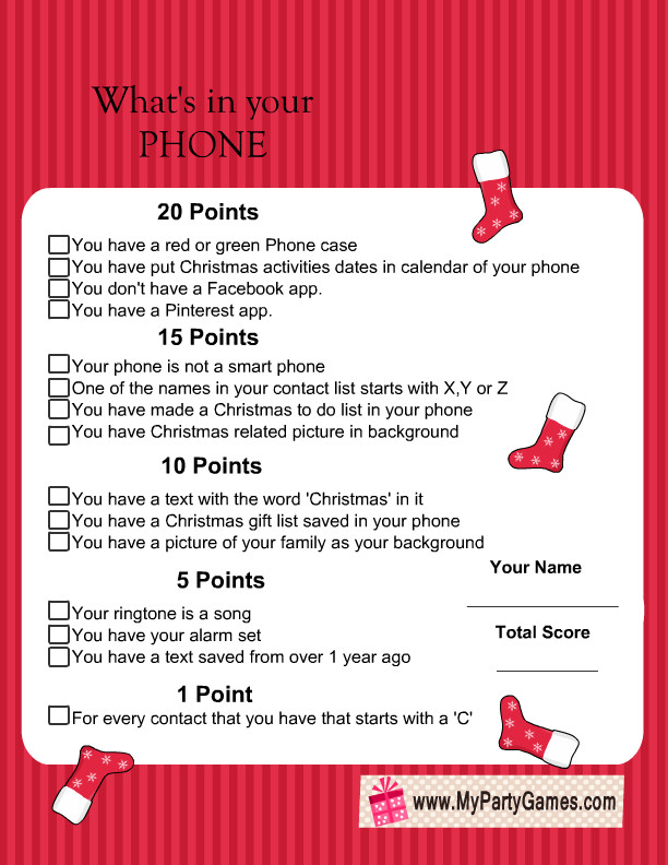 Work Party Ideas For Adults
 Free Printable What s in Your Phone Christmas Game