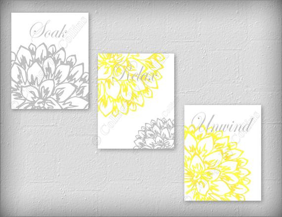 Yellow Bathroom Wall Art
 Floral Flower Gray and Yellow Wall Art Prints Decor Bathroom