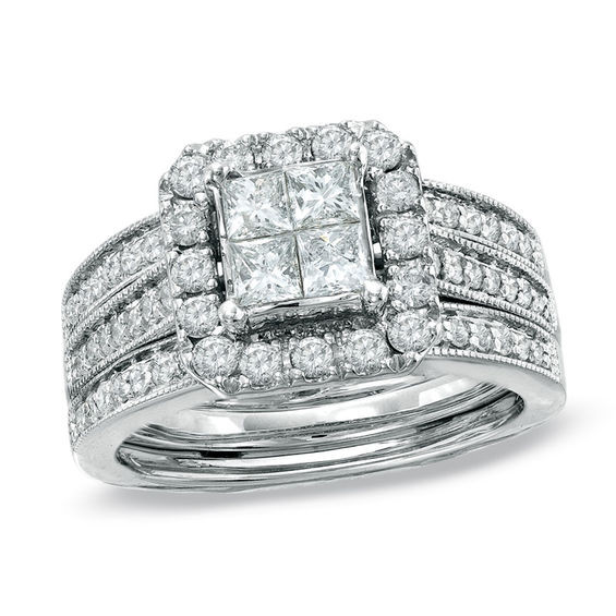 Zales Diamond Wedding Rings
 1 1 2 CT T W Quad Princess Cut Diamond Bridal Set in 14K