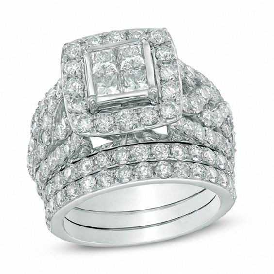 Zales Diamond Wedding Rings
 4 CT T W Quad Princess Cut Diamond Frame Bridal Set in