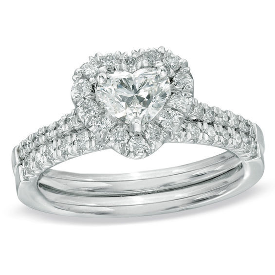 Zales Diamond Wedding Rings
 5 8 CT T W Heart Shaped Diamond Frame Bridal Set in 14K