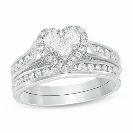 Zales Diamond Wedding Rings
 3 4 CT T W Diamond Heart Bridal Set in 14K White Gold