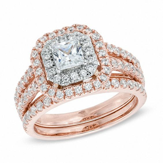 Zales Wedding Ring Sets
 1 1 2 CT T W Princess Cut Diamond Double Frame Bridal