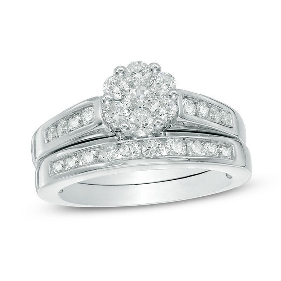 Zales Wedding Ring Sets
 1 CT T W Diamond Flower Bridal Set in 10K White Gold