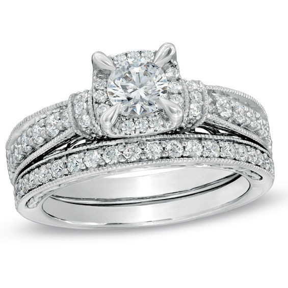 Zales Wedding Ring Sets
 1 1 5 CT T W Diamond Vintage Style Bridal Set in 14K
