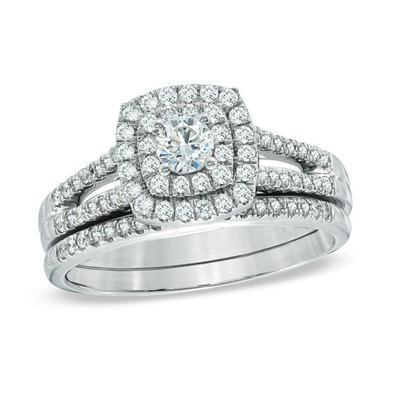 Zales Wedding Ring Sets
 3 4 CT T W Diamond Double Frame Bridal Set in 14K White