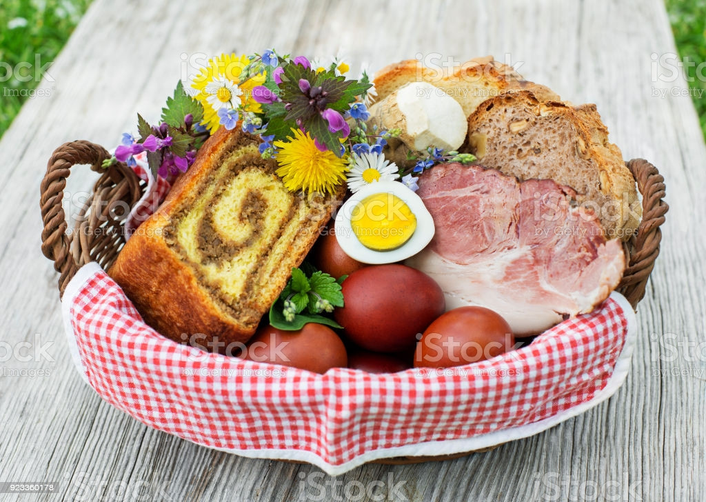 Easter Ham Tradition
 Easter Traditional Food With Ham Eggs And Bread Stock