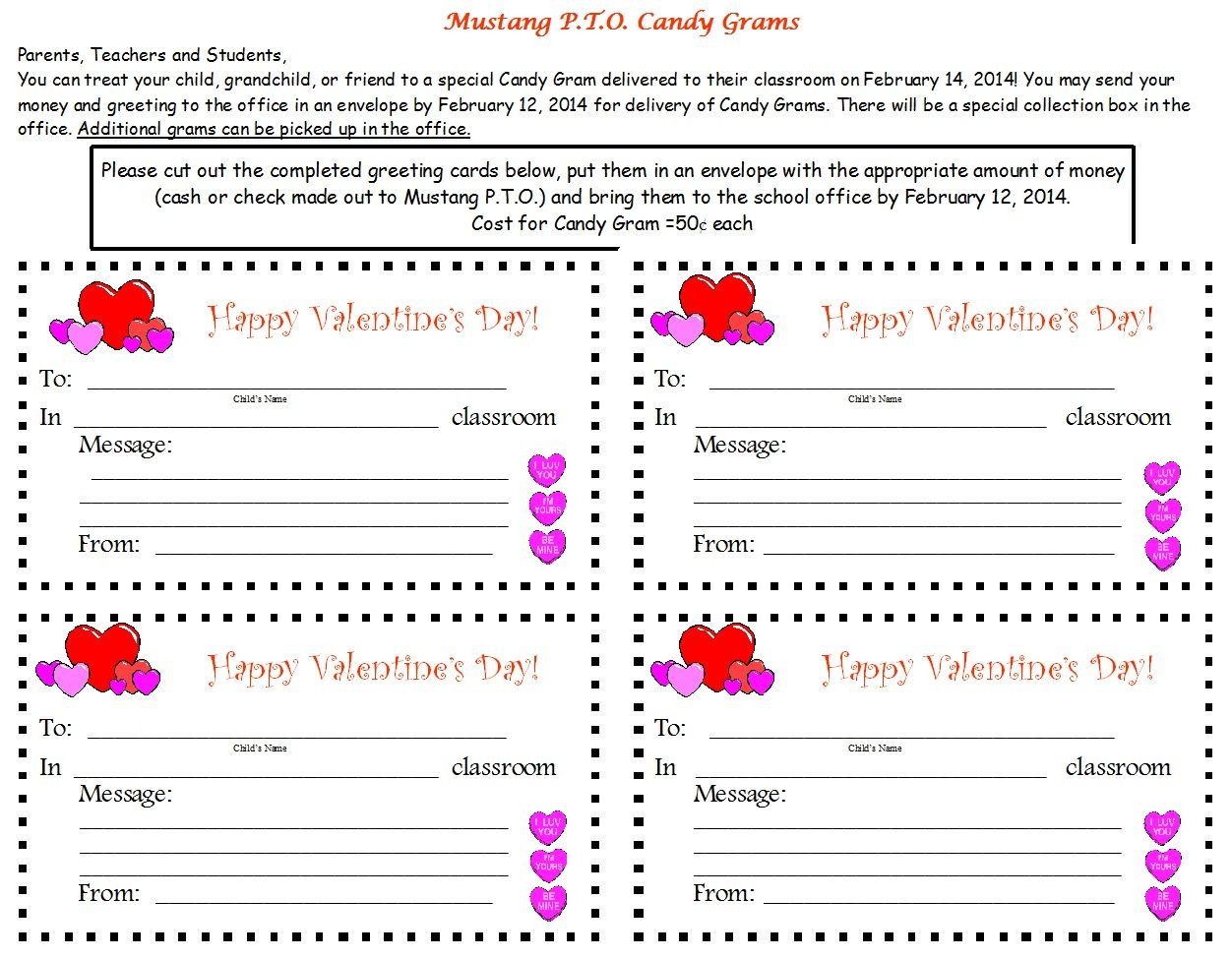 Valentines Day Candy Gram
 Parent Valentine Letter