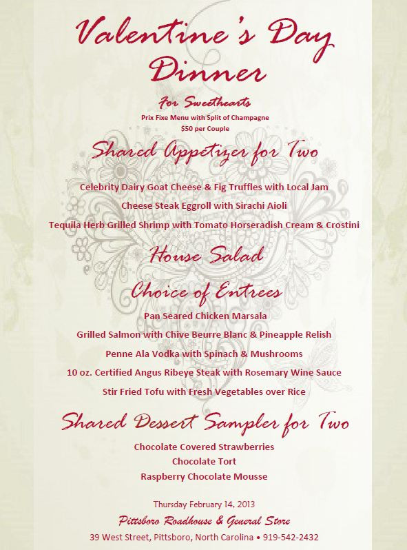 Valentines Dinner Menus
 Valentine s Day Dinner for Sweethearts at the Pittsboro